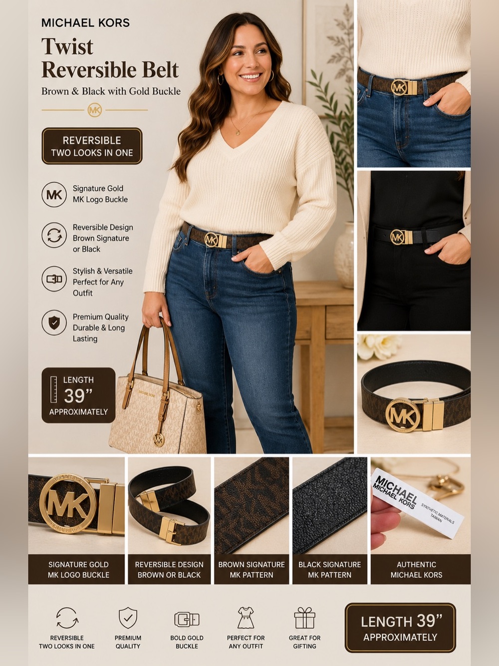 Twist Reversible Michael‎ Kors Brown and Black with Gold Buckle Belt NEW M